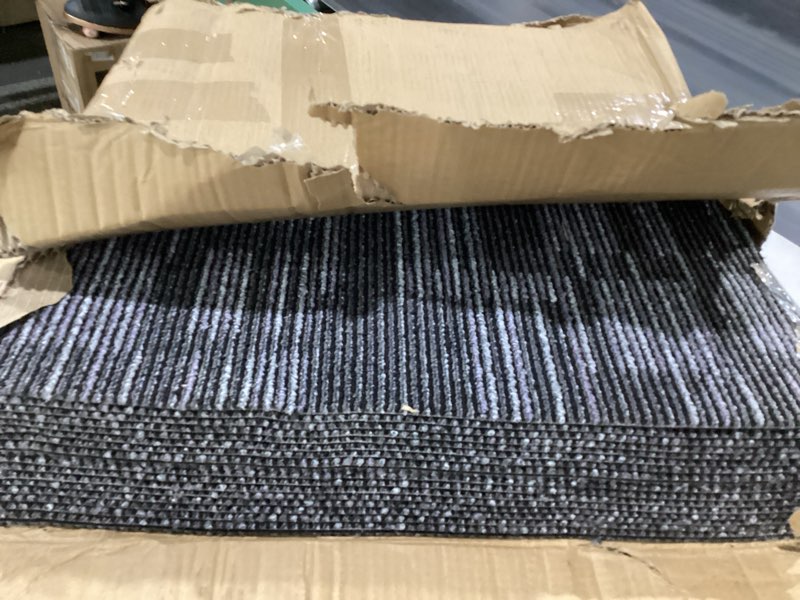 Condition photo showing As Is for carpet tiles 24 x 24 inches, 18 tiles 72 sqft, non slip commercial carpet squares, removable floor tiles for office living room basement home gym, easy diy installation, dark gray