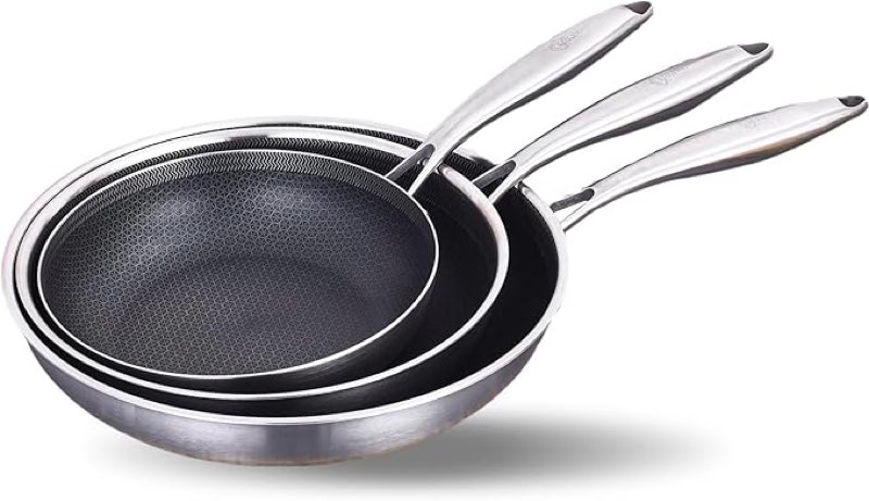 lolykitch frying pan set nonstick, 8/10/12 inch stainless steel cookware set skillet with detachable handle, induction & oven safe, professional non-toxic pfoa free pans for everyday cooking