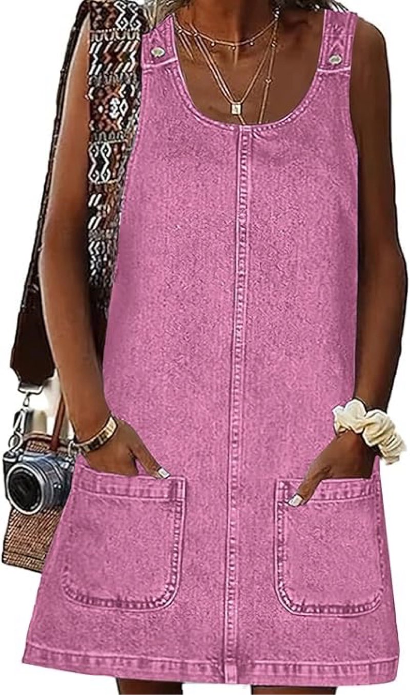 ((SIZE XL))EXLURA Womens Sleeveless Denim Dress Casual Summer Crewneck A Line Overall Mini Dress Jean Jumper Pi
