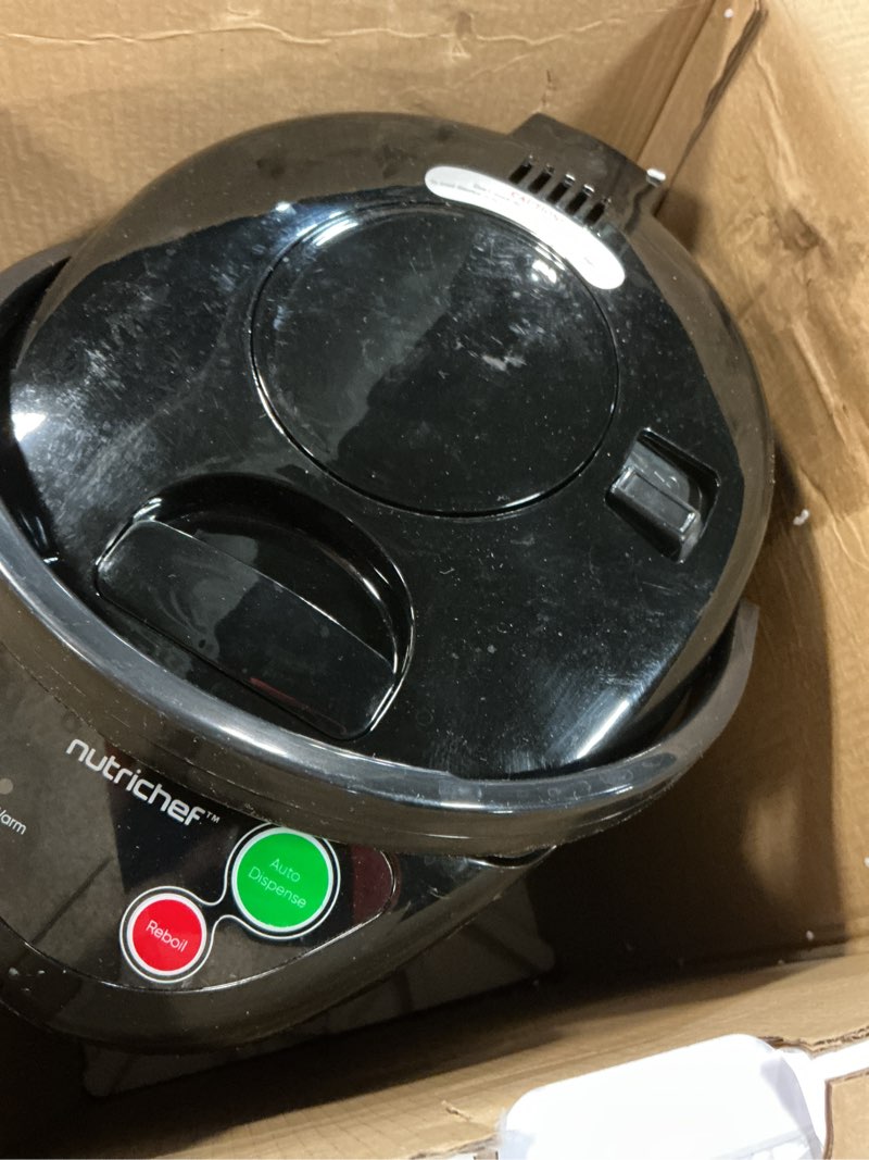 Condition photo showing As Is for nutrichef 5.2 qt electric water kettle, portable, quick heating, 5 liter digital kettle with 5 temperature settings, safety lock, stainless steel, 3 dispensing options, 8.46" x 11.2" x 16.5" 5.3 quarts