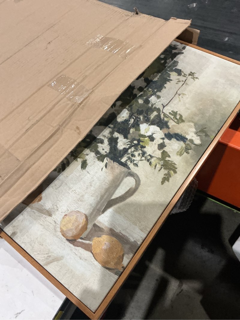 Condition photo showing Good Condition for viyyiea vintage floral large framed wall art, flowers and lemons paingtings decor aesthetic, 20x30 inch canvas print artwork, farm still life wall pictures for bedroom living room flowers and lemons 30"l x 20"w