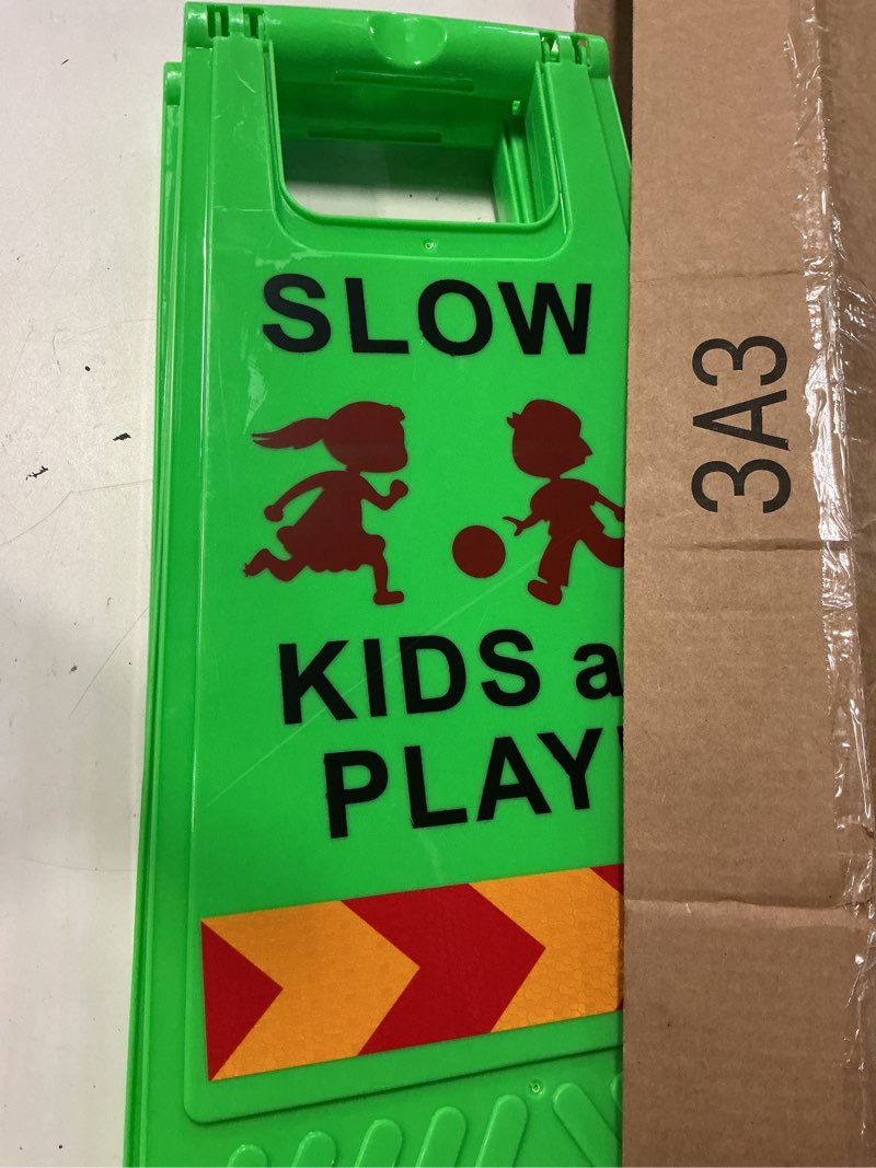 Condition photo showing Good Condition for slow kids at play sign, children at play safety signs with double-sided text and graphics with reflective tape for street neighborhoods schools park sidewalk driveway green 2pack green medium