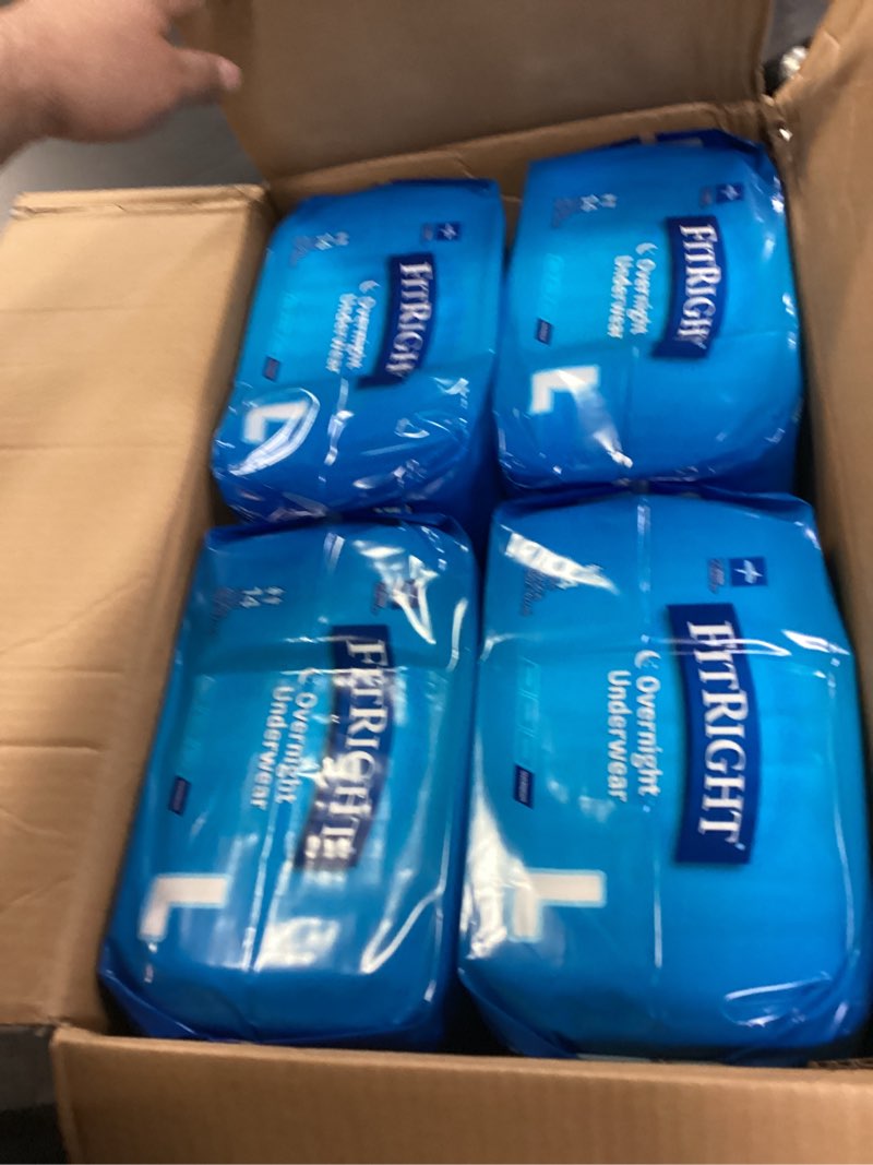 Condition photo showing Good Condition for fitright overnight unisex large underwear, (40-56 in waist) 56 count (4 bags of 14), maximum all night disposable incontinence protection, pull-on absorbent underwear for men and women
