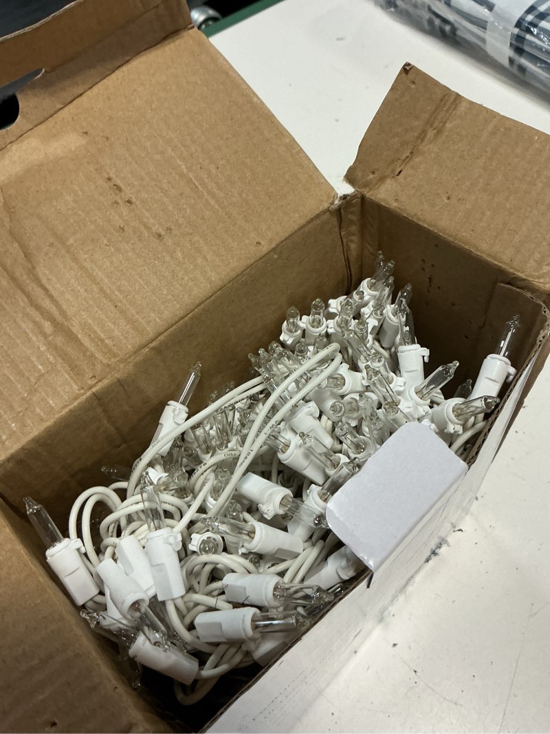 Condition photo showing As Is for clear christmas lights 66ft 200 incandescent bulbs warm white mini lights with white wire for christmas tree, garland, thanksgiving, wedding, party, home, indoor & outdoor festival decoration