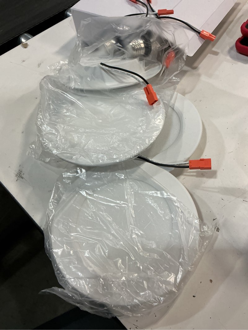 Condition photo showing As Is for Amico 4 Pack 6 Inch 5CCT Ultra-Thin LED Recessed Ceiling Light with Junction Box, 2700K/3000K/3500K/4000K/5000K Selectable, 1050 Lumens, Dimmable Canless Wafer Downlight, 12W Eqv 110W-ETL&FCC 6 inch-5CCT 4