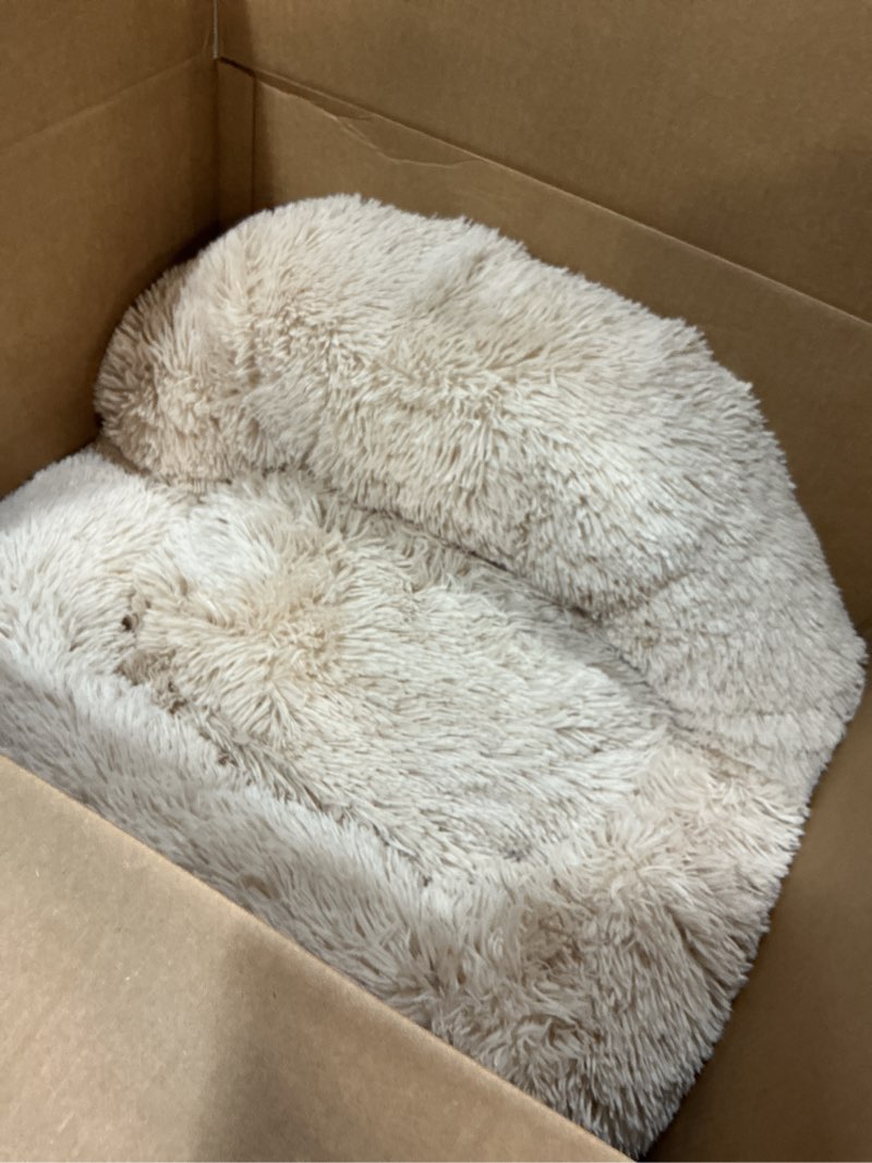 Condition photo showing Good Condition for calming donut dog bed medium size dog - washable removable cover non-slip bottom, round pet bed cat bed warming fluffy plush faux fur anti-anxiety, fits up to 45 lbs (beige, 30") beige 30"l x 30"w x 8"th