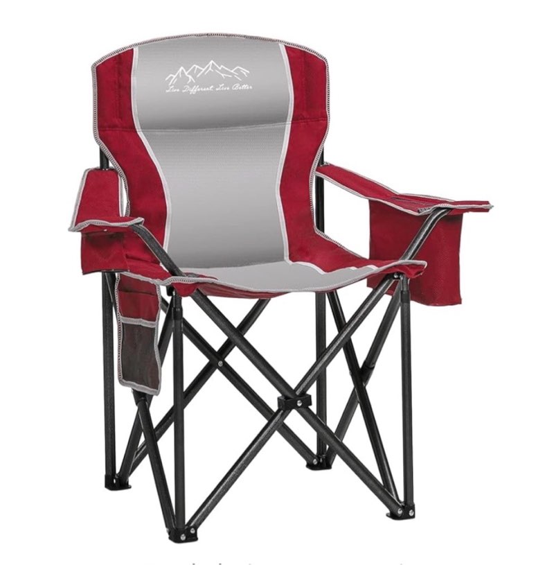 folding camping chair portable outdoor heavy duty padded chairs lawn chair with cup holder, storage pocket and cooler bag, supports 450lbs red