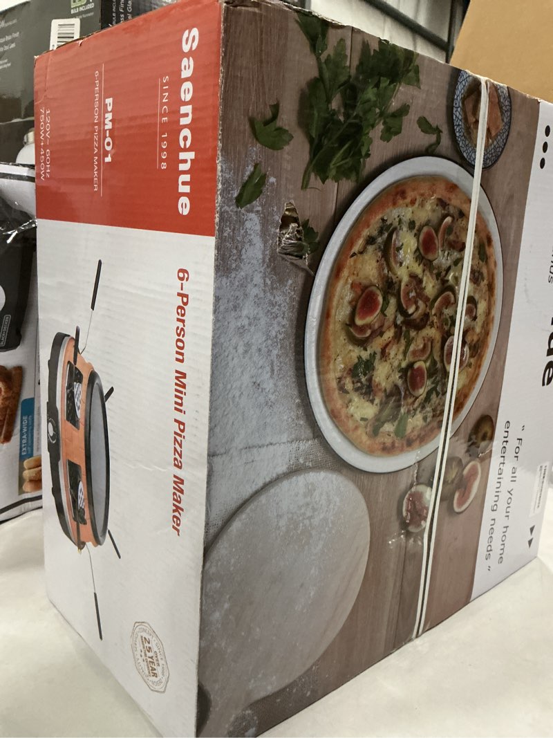 Condition photo showing New/Like New for multifunction raclette grill & mini pizza oven, 1200w electric pizza oven with flat griddle top, indoor grill with 6 mini pizza