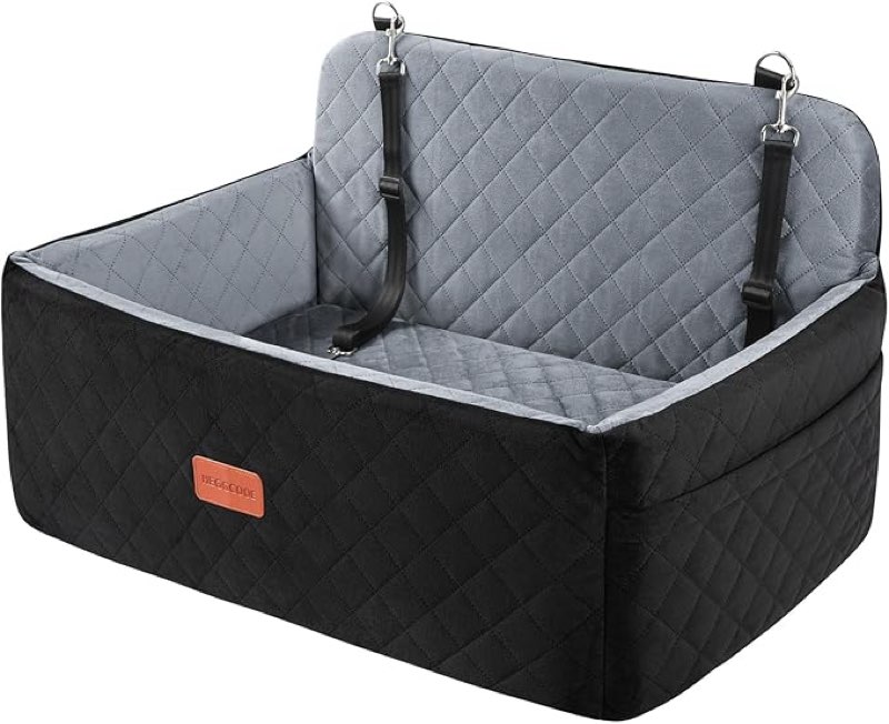 Dog Car Seat for Medium/Large Pet, Booster Seat for Under 55 lbs or 2 Small Dogs, Detachable & Washable Car Bed for Backseat with 2 Safety Leashes (Black/Grey)