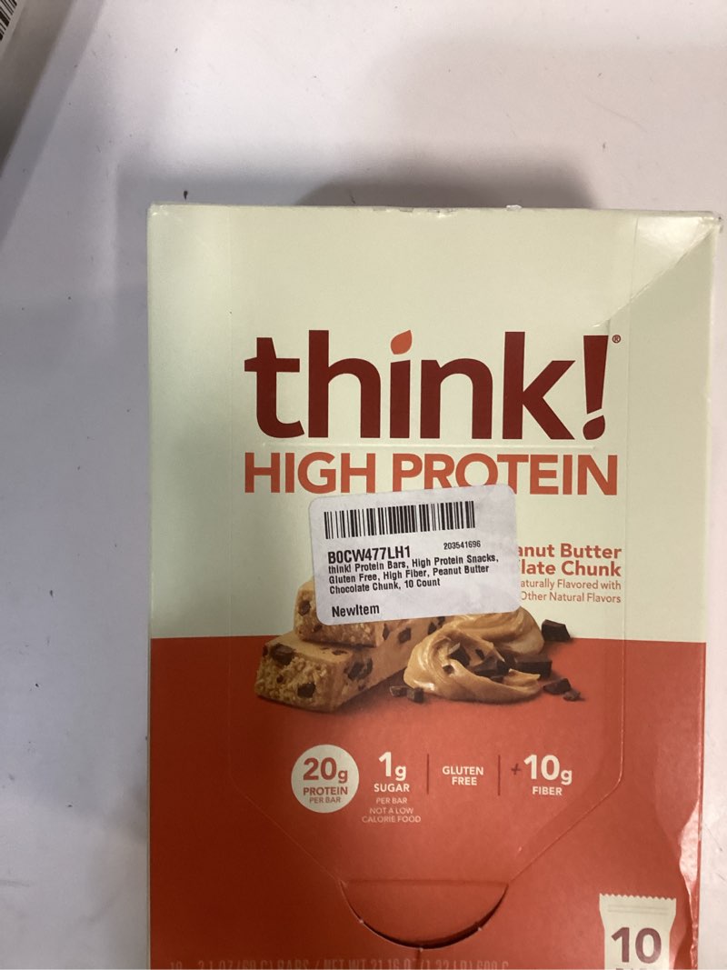 Condition photo showing New/Like New for BB 01/07/2026) think! Protein Bars, High Protein Snacks, Gluten Free, High Fiber, Peanut Butter Chocolate Chunk, 10 Count Peanut Butter Chocolate Chunk 10 Count (Pack of 1)