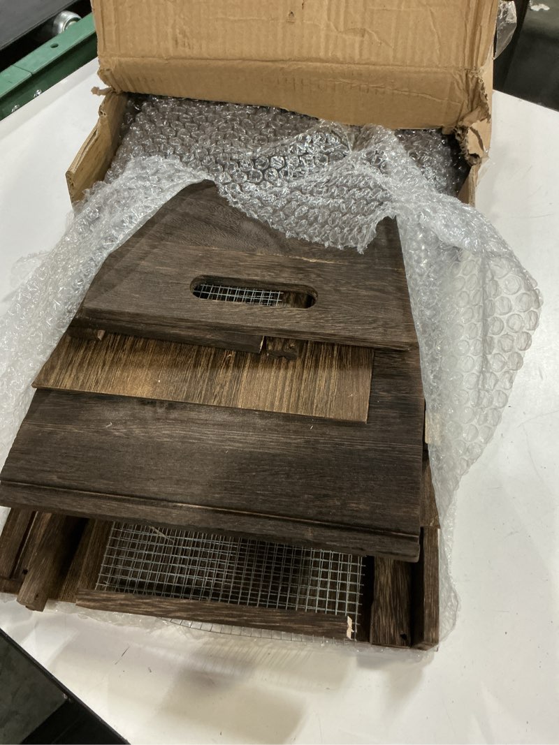 Condition photo showing As Is for 3 pcs wooden countertop baskets for kitchen bathroom, easy self-assembly rustic nesting boxes with handle and wire mesh, multipurpose wooden crates for fruit, include screws (3 size,dark brown) 3 dark brown 3 size