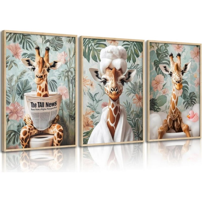 3Pcs Funny Animal Bathroom Canvas Wall Art Giraffe Reading Newspaper on Toilet Painting Picture Wall