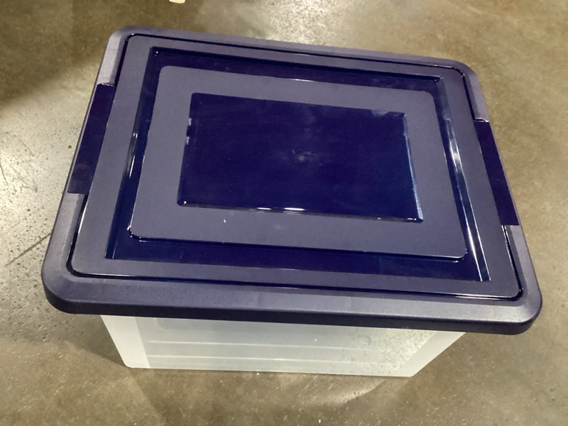 Condition photo showing Good Condition for office depot stackable file tote box, letter/legal size, 10 13/16in.h x 14 1/8in.w x 18in.d, blue/clear, 170007