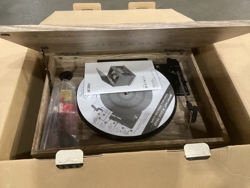 Condition photo showing Good Condition for NOT TESTED Victrola The Quincy 6-in-1 Bluetooth Record Player & Multimedia Center with Built-in Speakers – 3-Speed Turntable, CD & Cassette Player, AM/FM Radio, Wireless Music Streaming (Farmhouse Oatmeal) Farmhouse Oatmeal Record Player