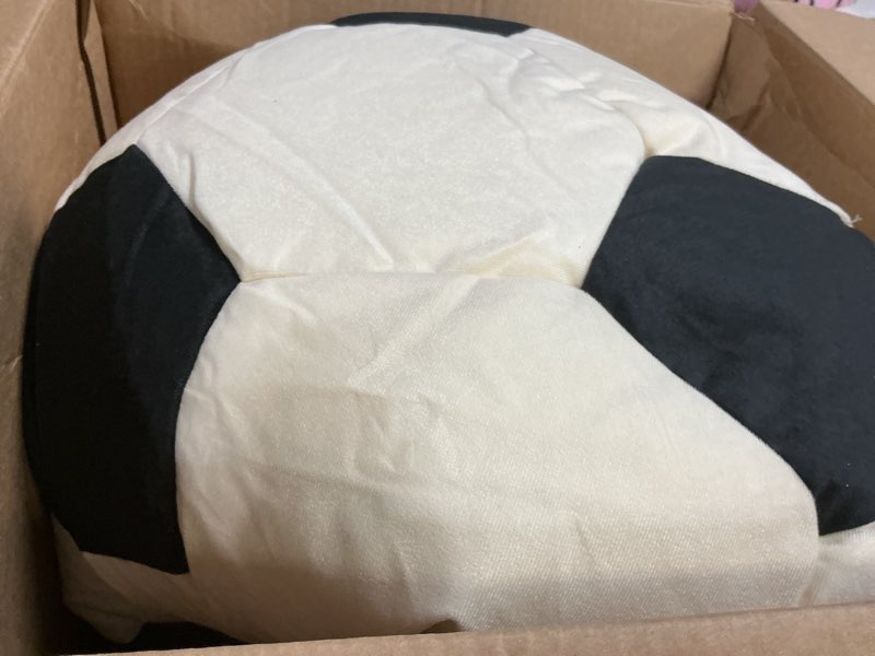Condition photo showing New/Like New for big joe sports ball child-sized bean bag chair for kids, soccer ball plush, ultra-soft lightweight polyester blend, 2.5 foot refillable soccer ball single sports balls