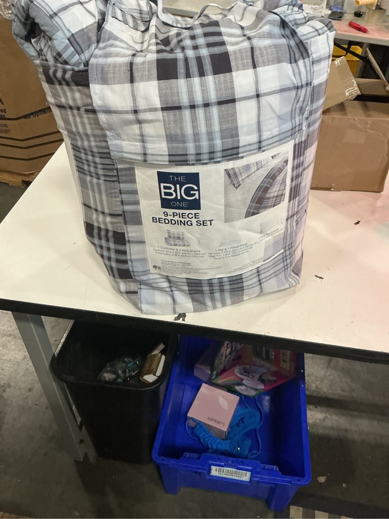 Condition photo showing New/Like New for - king comforter set, reversible cotton bedding with matching shams, plaid home decor (alder blue/grey