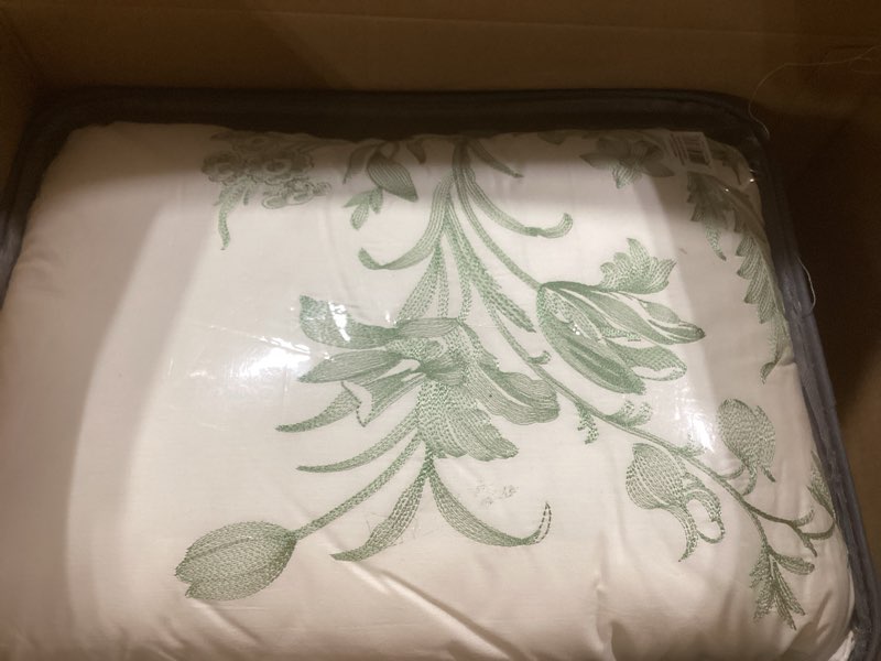 Condition photo showing Good Condition for Laura Ashley Home - King Duvet Cover Set, Reversible Cotton Bedding, Includes Matching Shams with Bonus Euro Shams & Throw Pillows (Natalie Green, King) Natalie Sage King