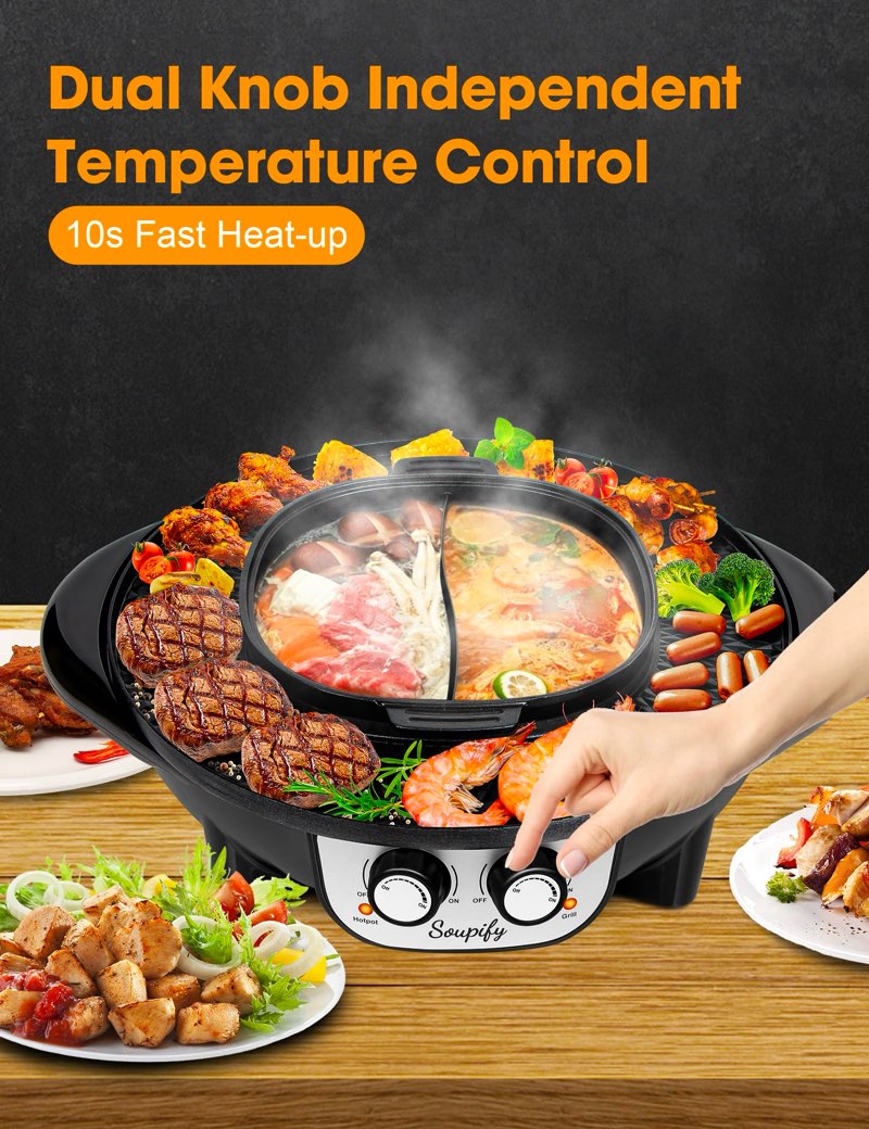 Soupify 2 in 1 Hot Pot with Grill, Electric Korean BBQ Grill, Independent Dual Temperature Control