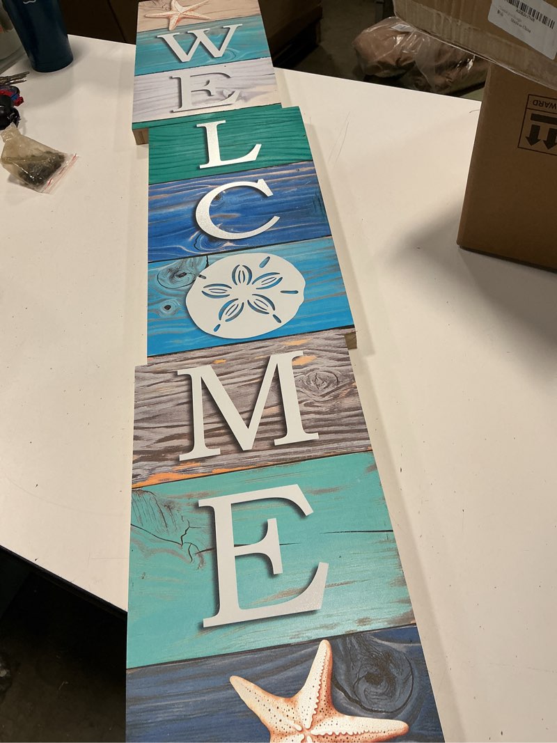 Condition photo showing As Is for sea shell welcome sign for front door, summer porch sign beach decor yard sign for outdoor standing wood door sign for garden tall seasonal welcome vertical signs for patio wall home sea shell