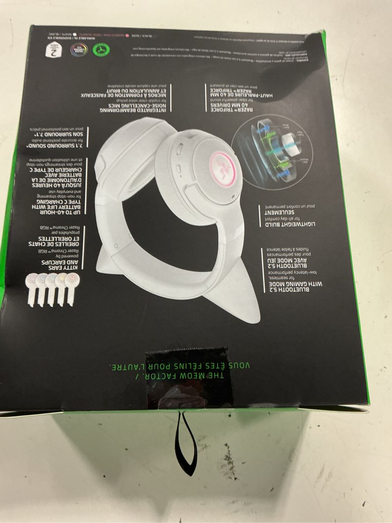 Condition photo showing New/Like New for razer kraken kitty v2 bt wireless rgb headset, white | chroma rgb kitty ears & earcups, bluetooth 5.2, 40 mm drivers, noise-cancelling mics, lightweight, usb-c, 40 hr battery