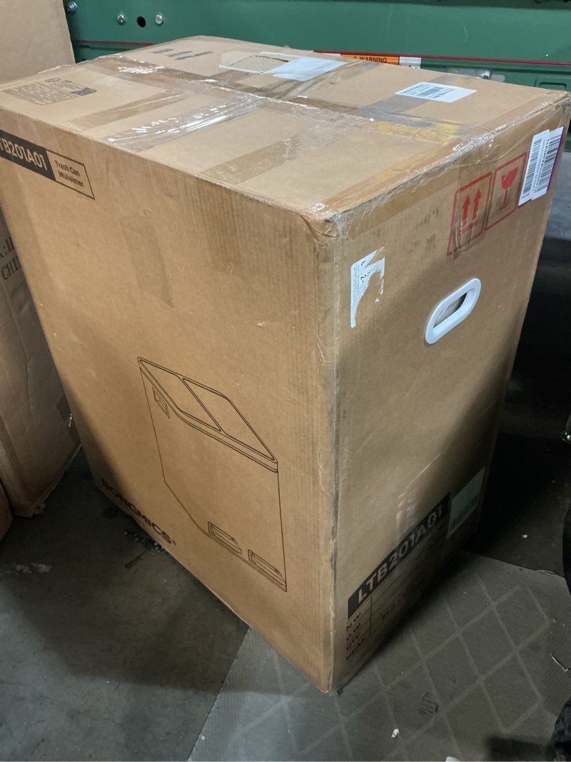 Condition photo showing New/Like New for songmics trash can, 2 x 8 gallon (2 x 30 l) double compartment garbage can for recycling, stainless steel, with 15 liner bags, soft-close lids, removable buckets, pedals, almond ultb160az01 version 1 almond