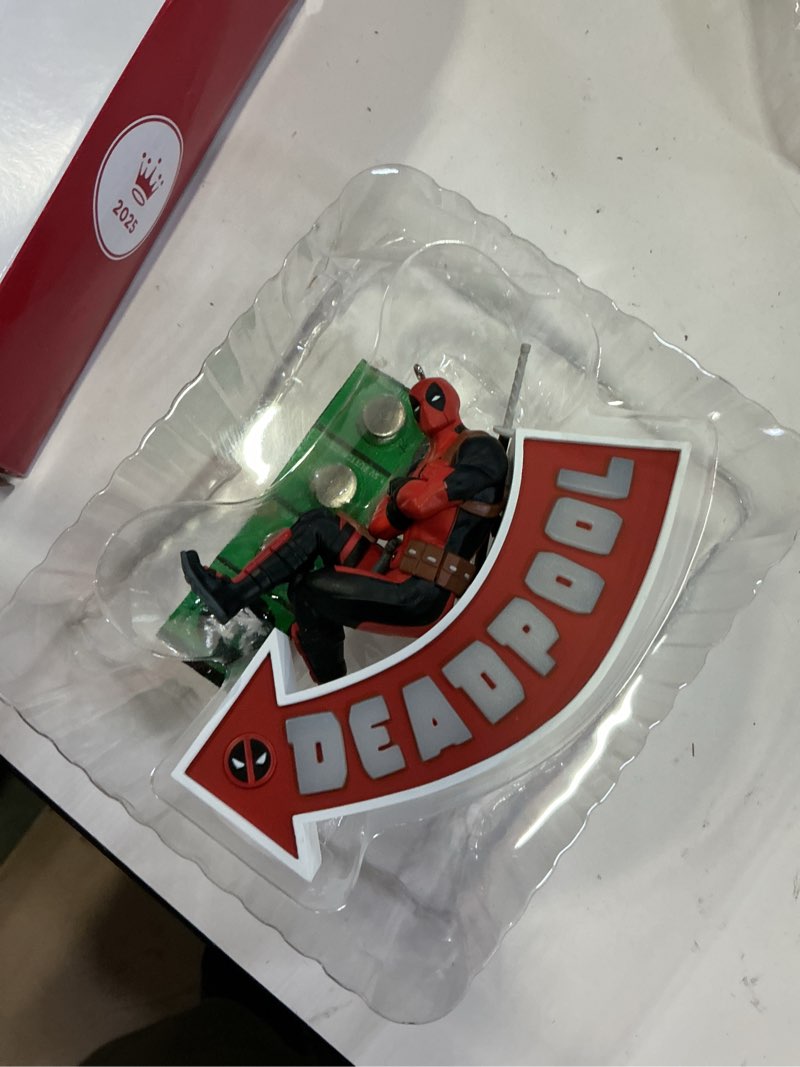 Condition photo showing New/Like New for hallmark keepsake marvel christmas ornament, deadpool it's a sign! with light, gifts for marvel fans