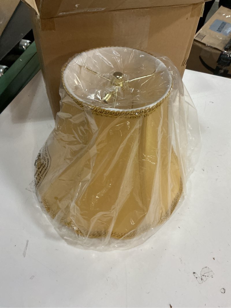 Condition photo showing Good Condition for bell lamp shade, scalloped golden fabric lampshade replacement, softback, 6'' top x 11.5'' bottom x 9.5'' slant height x 9'' vertical height, lamp harp included 6'' x 11.5'' x 9'' gold