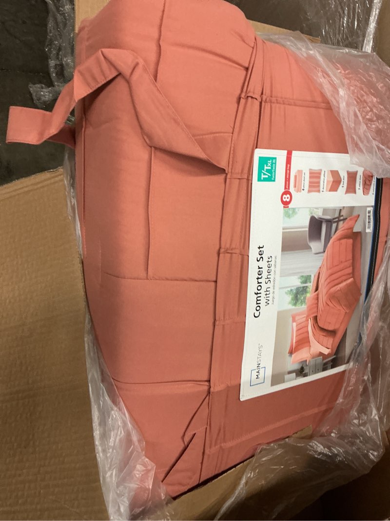 Condition photo showing New/Like New for elegant comfort silky soft 8-piece dobby stripe bed-in-a-bag comforter set, includes 4pc smart sheet set, bed skirt, comforter, matching pillowcases and shams - twin/twin xl, coral