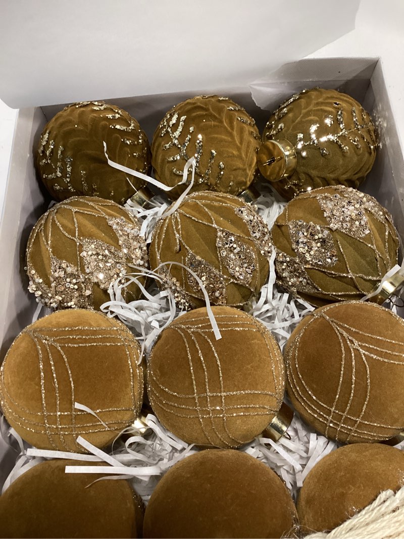 Condition photo showing New/Like New for 12pcs velvet glitter christmas ball ornaments, 3.15 inches luxury christmas decorations, elegance modern hanging ornaments for xmas tree, party, wedding, home decor (brown)