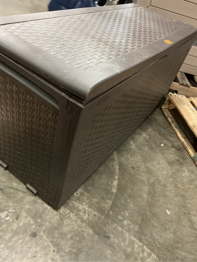 Condition photo showing As Is for keter samoa 70 gal. resin deck box large outdoor storage, brown