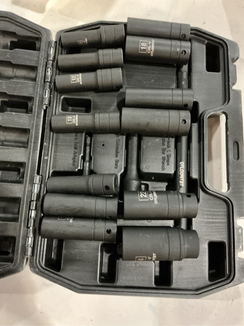 Condition photo showing Good Condition for 16PCS 1/2 In Drive Thicker Impact Socket Set, High Durability Industrial Grade Deep Metric Sizes Sockets Sets, with L Handle 5 In Extension Bars & Drill Socket Adapter with Premium Organizer 16-Piece Metric Drive Impact Socket Set