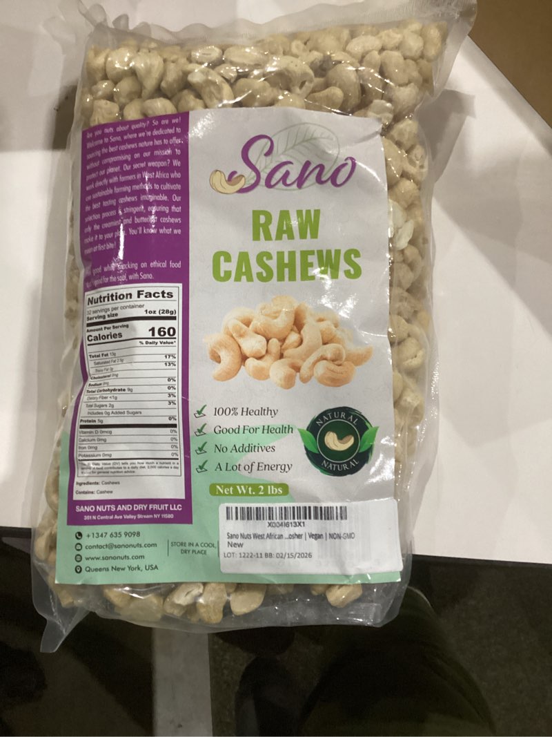 Condition photo showing New/Like New for SANO West African Premium Raw Cashew Nuts 32oz (2lb) 100% Natural Unsalted Raw Unroasted Cashews | Non-GMO Cashew Nuts | Whole Cashews Unsalted for Snacking, Cooking & Vegan Recipes