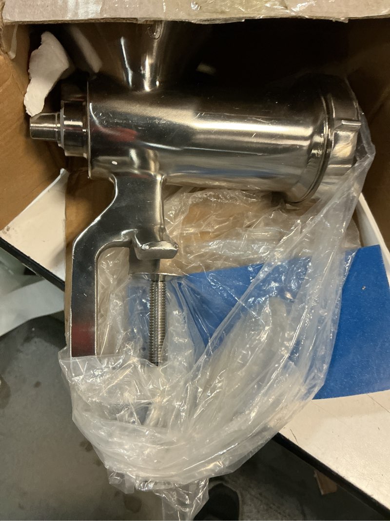 Condition photo showing As Is for lem products #10 clamp-on hand grinder, stainless steel meat grinder 821