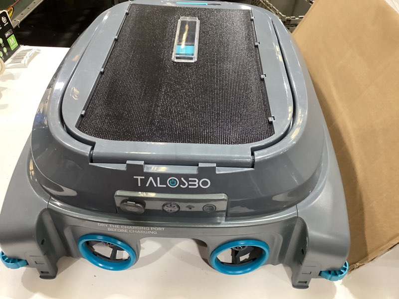 Condition photo showing As Is for (2026 new) talosbo pleco sk01 solar powered robotic pool surface skimmer with app support, obstacle avoidance, 7l filter basket, dual charging modes for 24/7 cleaning deep grey