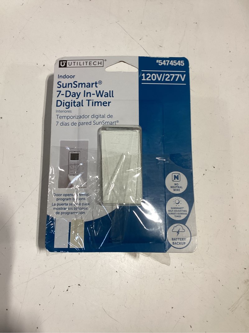 Condition photo showing As Is for utilitech 15-amps 120-volt indoor programmable digital lighting timer