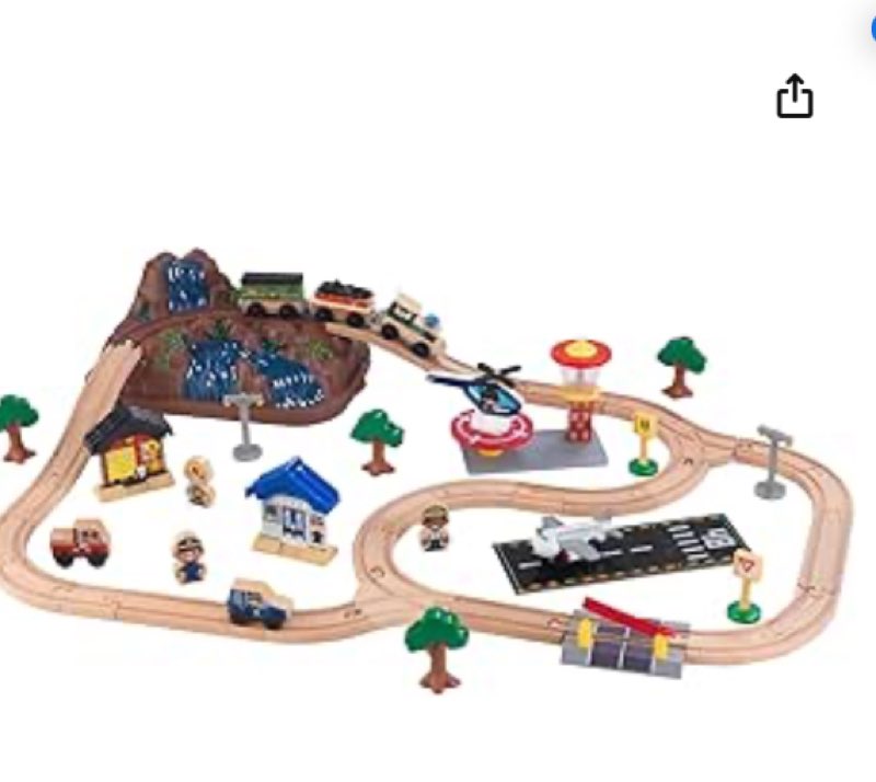 KidKraft Bucket Top Mountain Train Set with 61 Pieces, Magnetic Train, Wooden Tracks and Storage, Gift for Ages 3+