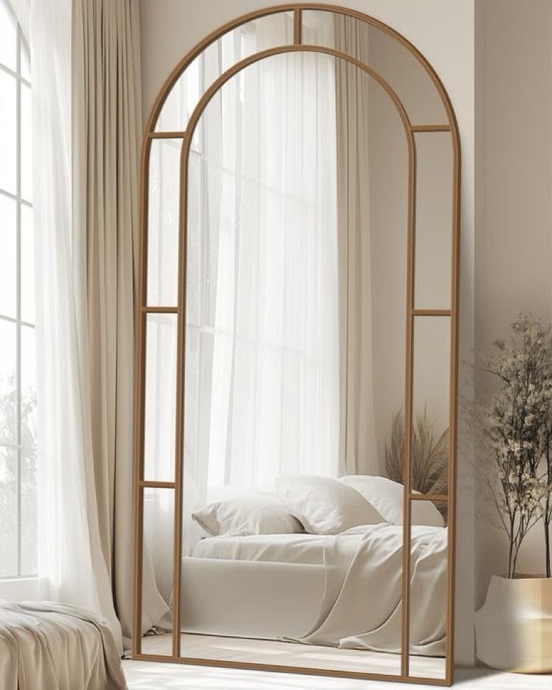 antok full length mirror, floor mirror 41\" x 81\" arched window decorative mirror, metal framed decor farmhouse floor mirrors art pane mirrors wall decor for bedroom, living room, entryway, bronce
