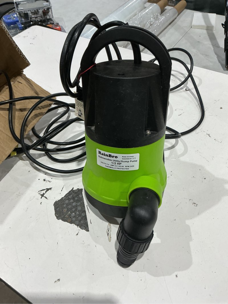 Condition photo showing As Is for sump pump, submersible water pump with 10ft water hose kit, submersible pump for pool drainage, submersible utility pump for bathtub water extraction
