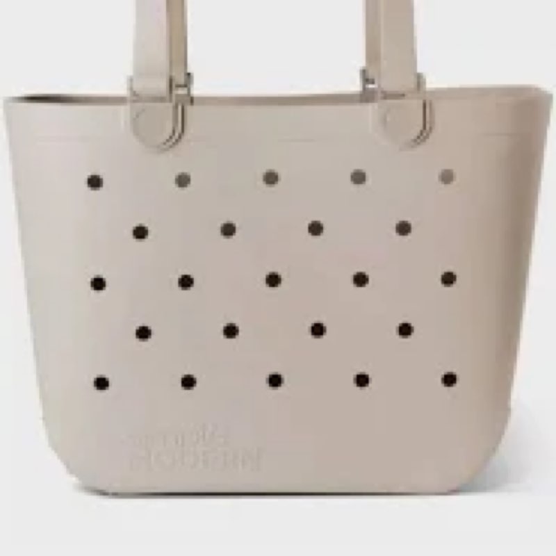 simple modern large beach bag | waterproof getaway rubber tote with zipper pocket for travel, pool, boat, groceries, sports | almond birch large -almond birch gray 