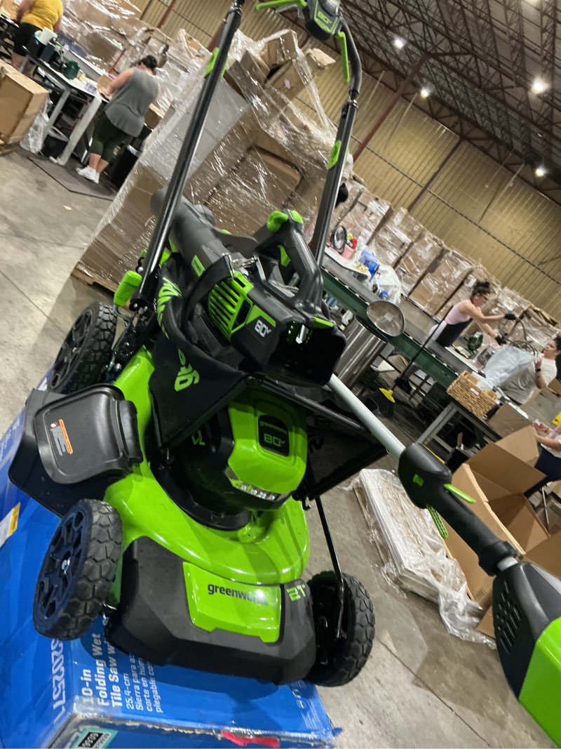 Condition photo showing Good Condition for greenworks pro 80-volt cordless battery string trimmer and leaf blower and lawn mower and combo kit 4 ah (battery included) (charger included)