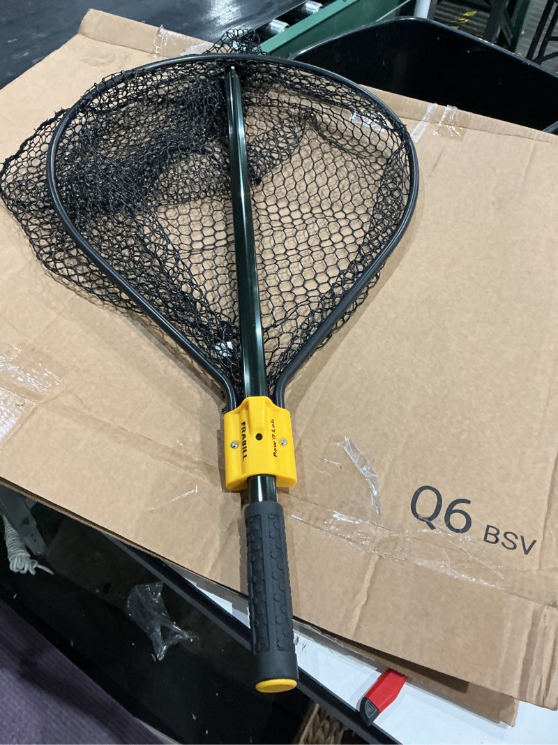 Condition photo showing Good Condition for frabill conservation slide handle net | teardrop hoop size: 20" x 23" | sliding handle: 36" | netting: tangle-free micromesh | net depth: 13",black/yellow