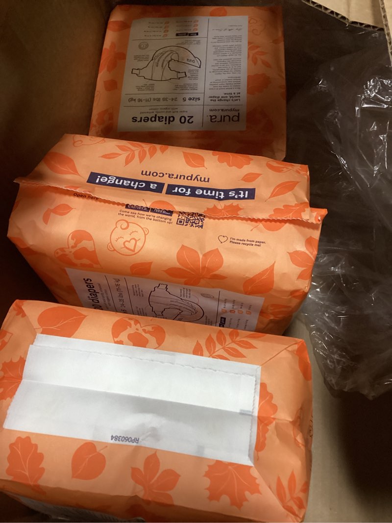 Condition photo showing New/Like New for pura size 5 eco-friendly diapers (24-35 lbs) totally chlorine free (tcf) hypoallergenic, soft organic cotton, up to 12 hours leak protection, allergy uk, 3 packs of 20 (60 count) size 5 120 count original design
