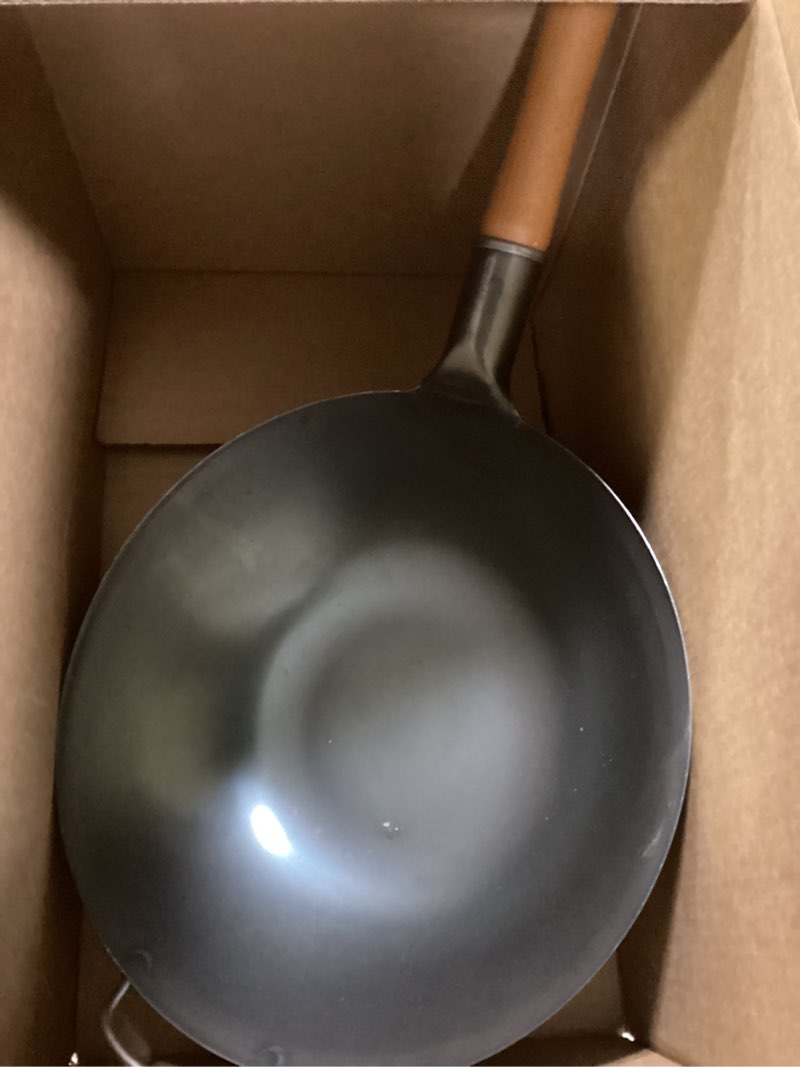 Condition photo showing As Is for YOSUKATA 13.5" Carbon Steel Wok Pan – Pre-Seasoned Flat Bottom Pow Wok for Stir Fry, BBQ, Grill & Camping – Traditional Japanese Chinese Cookware – Compatible with Induction, Electric, Gas, Open Fire