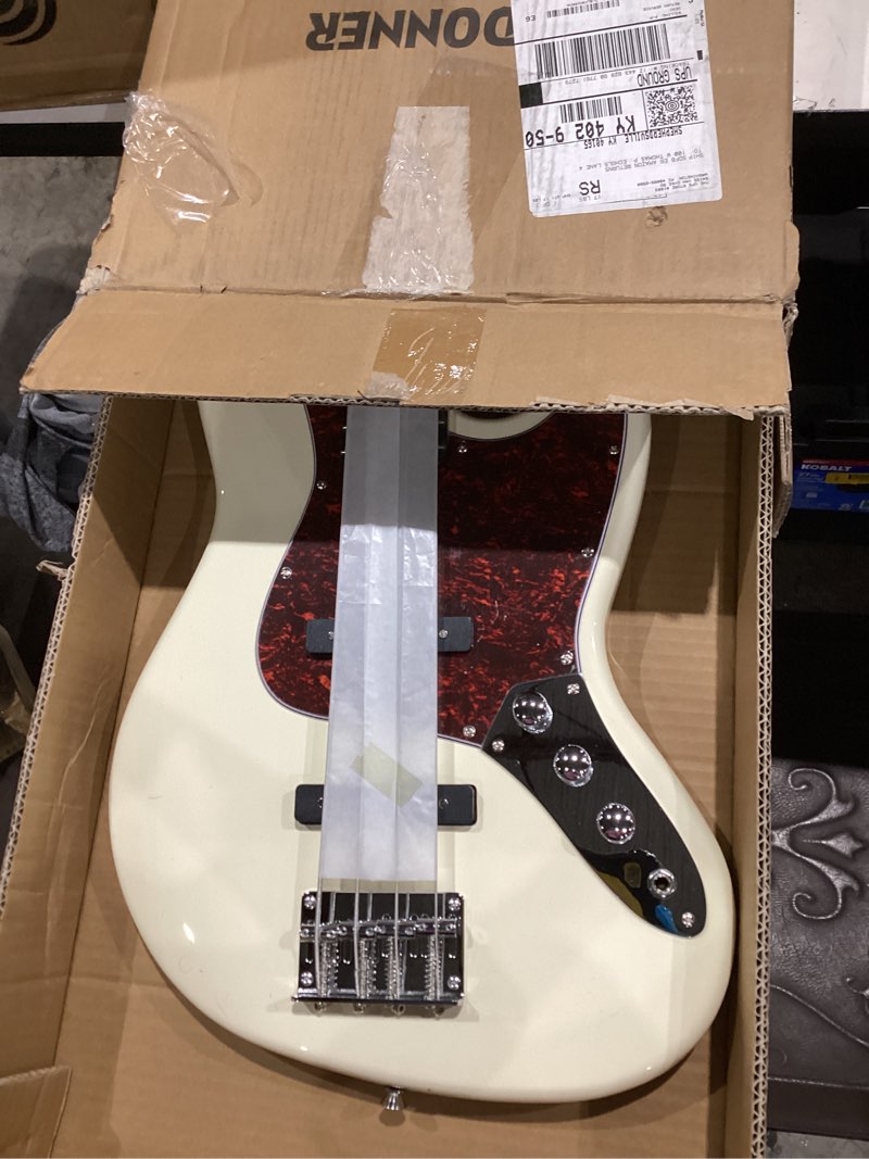 Condition photo showing Good Condition for donner electric bass guitar 4 strings full-size standard bass jb-style beginner kit white for starter with free online lesson gig bag guitar strap and guitar cable, djb-510