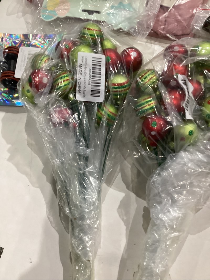 Condition photo showing New/Like New for 8pcs Christmas Ball Ornament 9.8 Inch Christmas Tree Ball Picks Decor Xmas Tree Topper Hanging Sticks for Home Stockings Vase Fillers Garland Wreath Holiday DIY Crafts Supplies Green