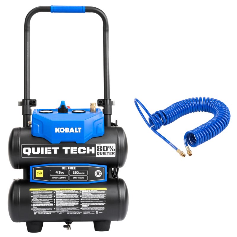 kobalt 4.3-gal quiet compressor and 1/4-in x 25-ft pu recoil hose