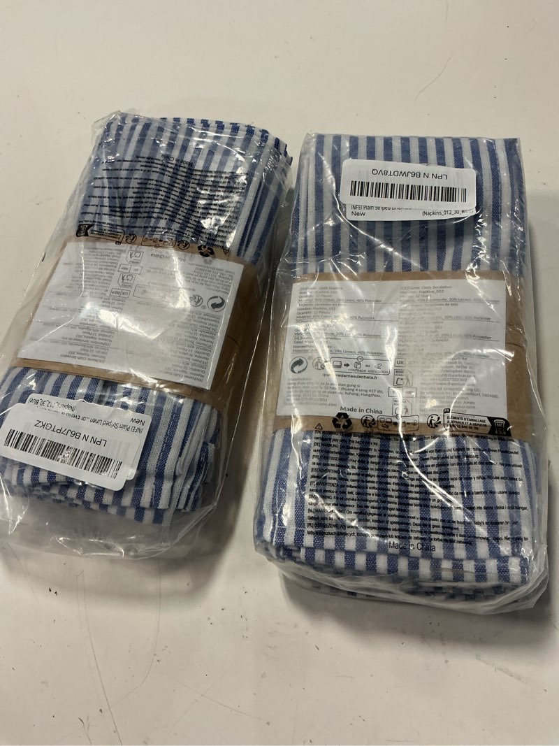 Condition photo showing New/Like New for plain striped cotton linen blended dinner cloth napkins - set of 12 (17 x 17 inches) - for events & home use (blue)