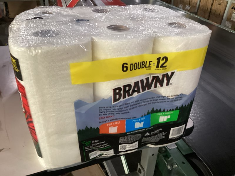 Condition photo showing New/Like New for brawny tear-a-square paper towels, 6 double rolls = 12 regular rolls, 3 sheet sizes (quarter, half, full), strength for all messes, cleanups, and meal prep double 100 sheet (pack of 6)