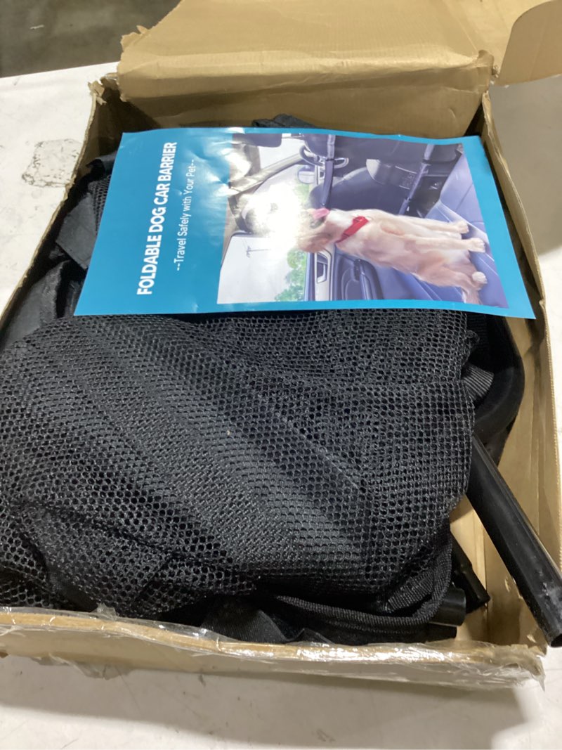 Condition photo showing Good Condition for dog car barrier escape-proof, 56" wide divider for 2nd 3rd row seats & cargo area, durable back seat gate trunk barrier with see through net mesh for trucks, large suv & full sized vehicles