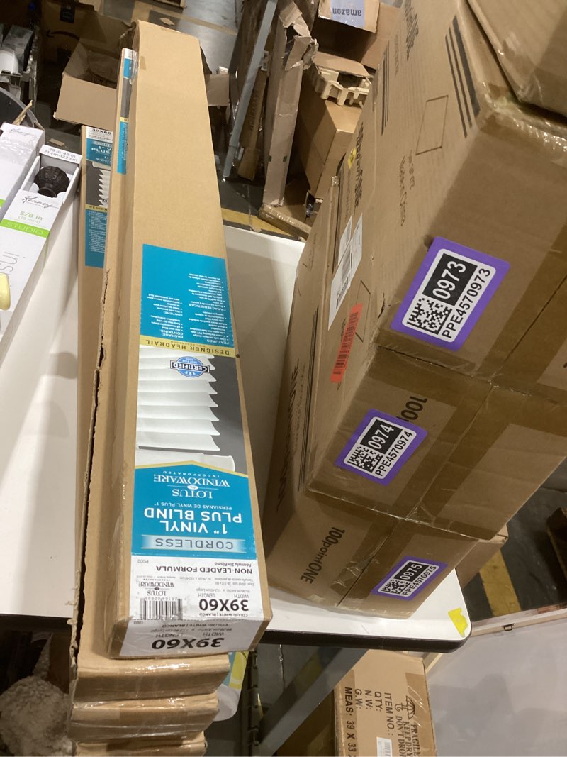 Condition photo showing New/Like New for LOTUS & WINDOWARE Cordless 1" Premium Vinyl Mini Blind, 39" Wide x 60" Long, White, Smooth, Room Darkening, Horizontal Blinds for Living Room, Bedroom, Interior Door Windows 39"W x 60"H White